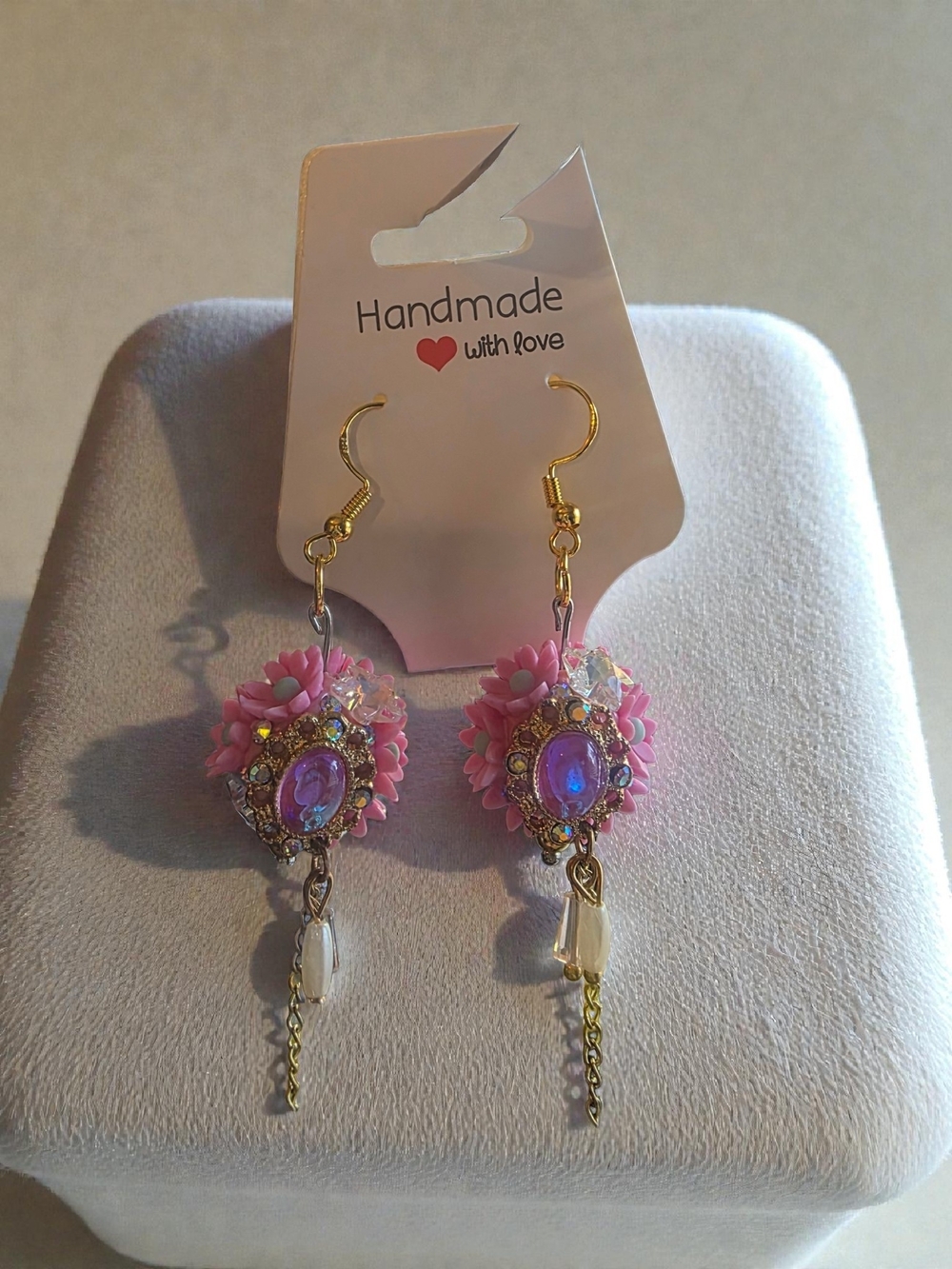 Handmade Coquette Floral Dangle Earrings Gold Tone Bow Crystal Charm